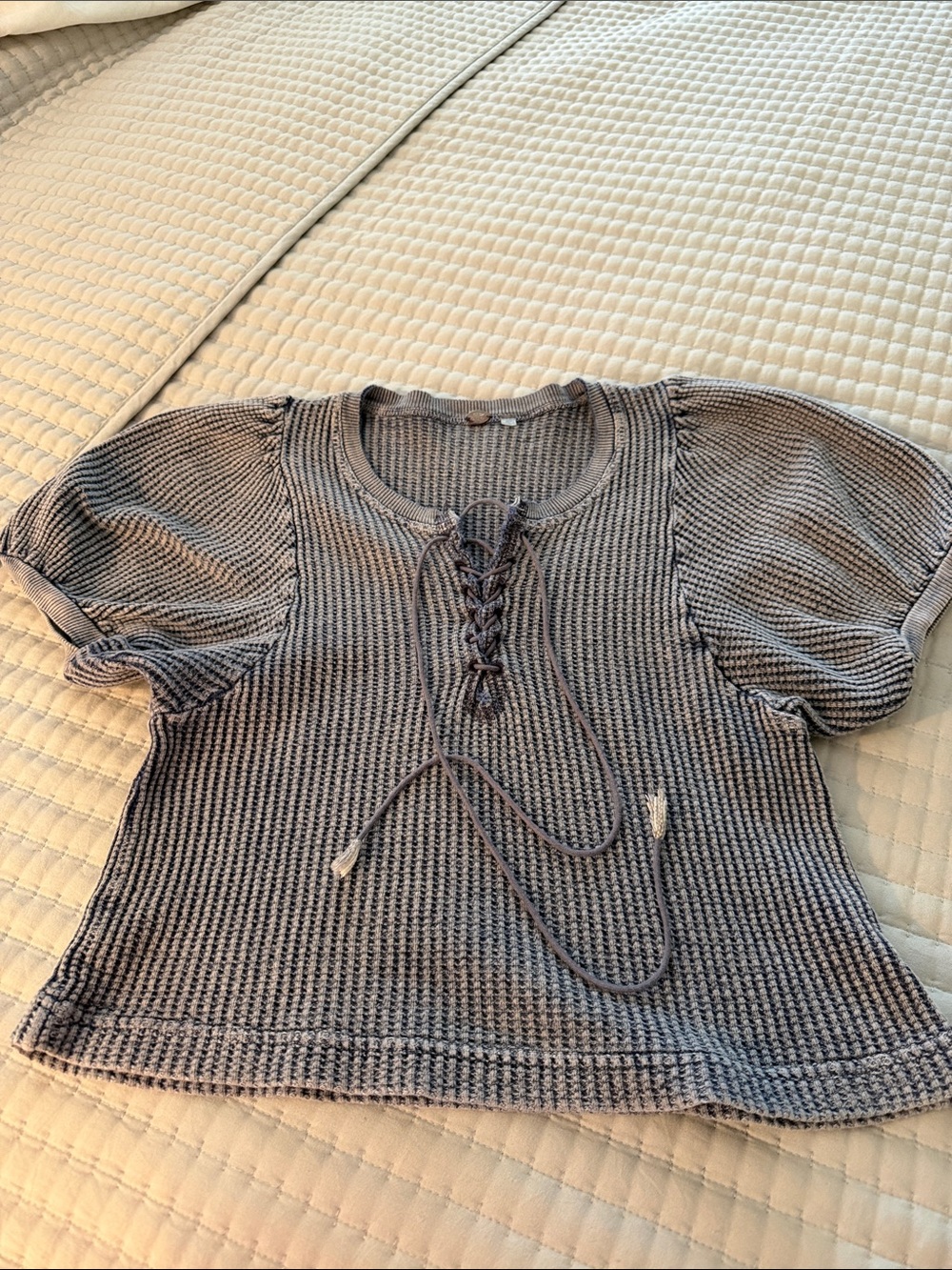 Free People Gray Waffle Knit Lace-Up Puff Sleeve Top